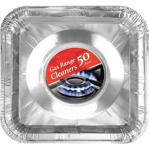 Disposable Gas Burner Liners 50 Pack, Aluminum Foil Square Stove Covers, Range Protectors, Stove Top Foil Covers for Gas Burners, Catch Food Spills, Aluminum Stove Burner Cover, Foil Liner 8.5x8.5 In