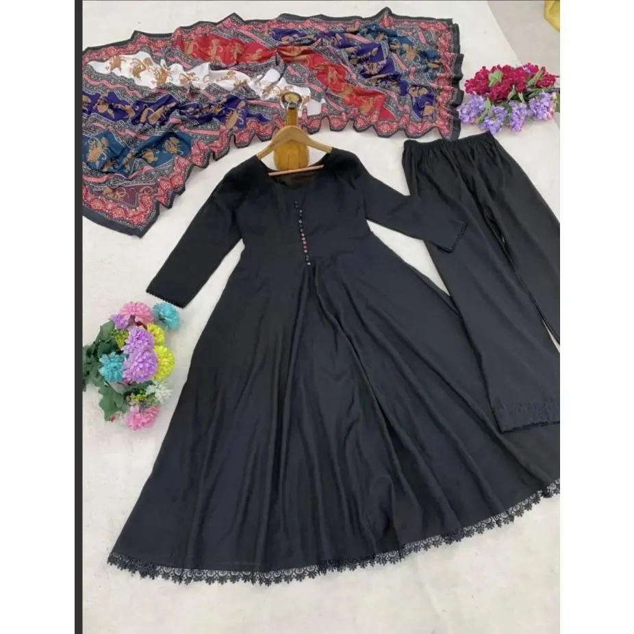 Elegant  Cotton  Anarkali  with Long Sleeves and Matching Pants for Women