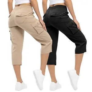 2 PACK Womenswear  Outdoor Lightweight Cargo Capris Pants Casual Trouser Trip Loose Shorts comfy Summer Bottoms plus size Basic Black+Pink