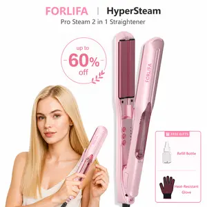 FORLIFA-HyperSteam: Pro Steam 2 in 1 Straightener with 1.5-inch Cool Mist Infrared Technology, 3-in-1 Functionality, 5 Temperature Settings for Healthy Frizz-Free Hair, 30-Minute Auto Shut-Off, Keratin Straightening Kit Curling Set,Summervibes