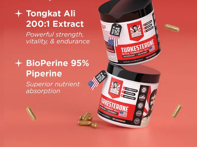 Old School Labs Turkesterone for Men with Tongkat Ali & BioPerine - Supports Men’s Fitness, Performance & Vitality Support, 120 Capsules