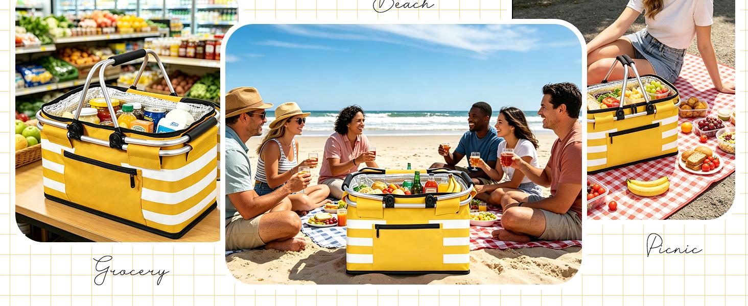 Yellow Insulated Picnic Basket,Leak-Proof Collapsible Cooler Bag,26L Grocery Basket with Lid,2 Sturdy Handles,Storage Basket for Picnic,Food Delivery,Take Outs,Market Shopping,Travel