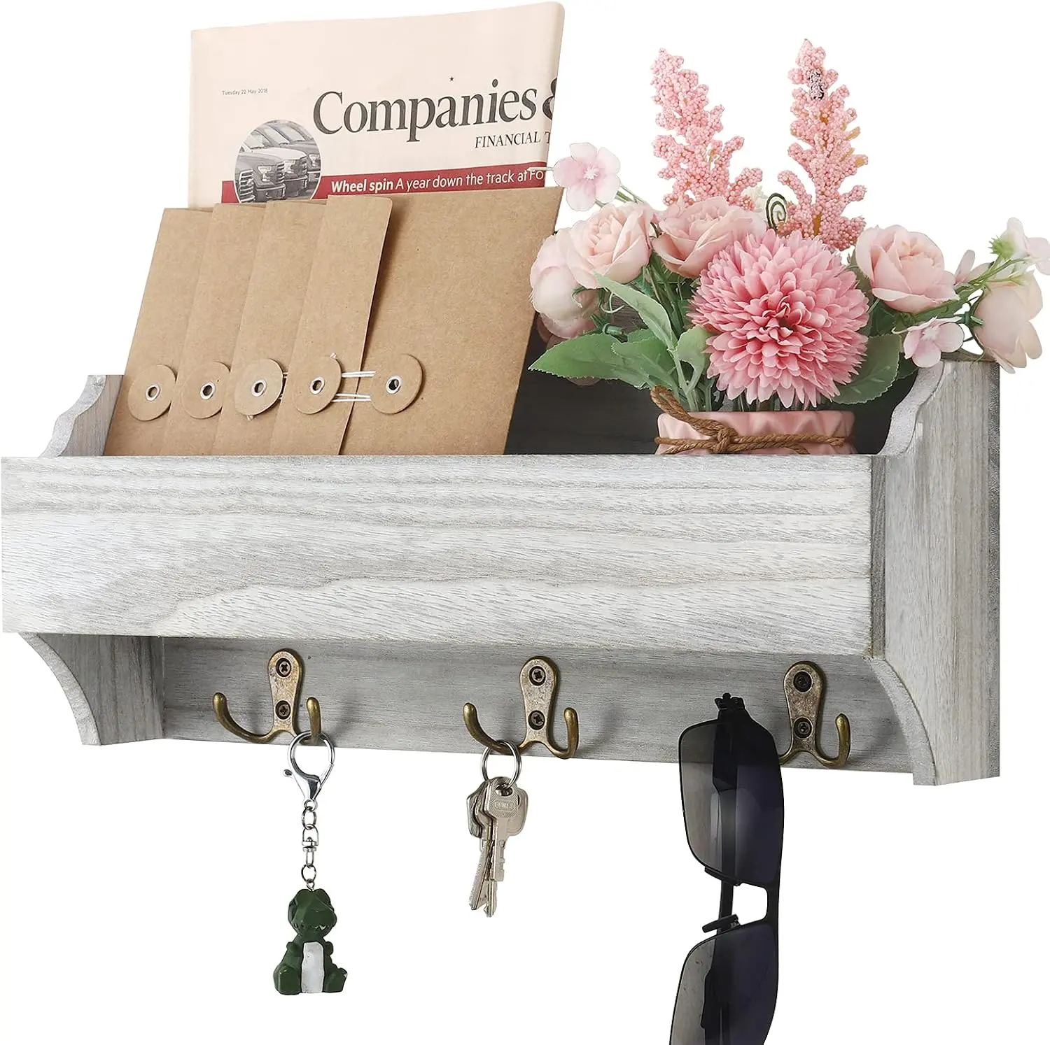 Rustic Wooden Wall Mount Mail Sorter Organizer with Shelf, 3 Dual Key Hooks for Letters, Magazines (Grey White)