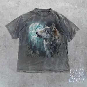 Vintage Wolf 90s Graphic Shirt, Wolf Lovers Retro Tee, 2000s Nature Moon Shirt, Nostalgia Unisex Oversize Tee, Cute Wolf Gift, Black Shir