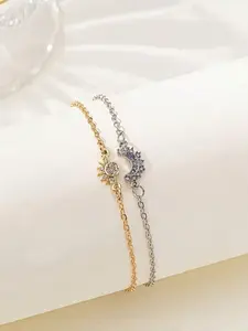 Boho Sun Moon Couple Bracelets Set, 2 Pcs Women's Casual Jewelry, Rhinestone Design, Perfect Gift for Daily Wear & Special Occasions, Rhinestone Decorated Bracelet, Fashionable Bracelet