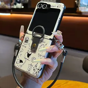 Cute Line Puppy Kitty Portable Ring Rope Phone Case for Samsung Galaxy Flip7 flip7 Zflip6 5 Zflip5 flip6 flip5 Shockproof Cover