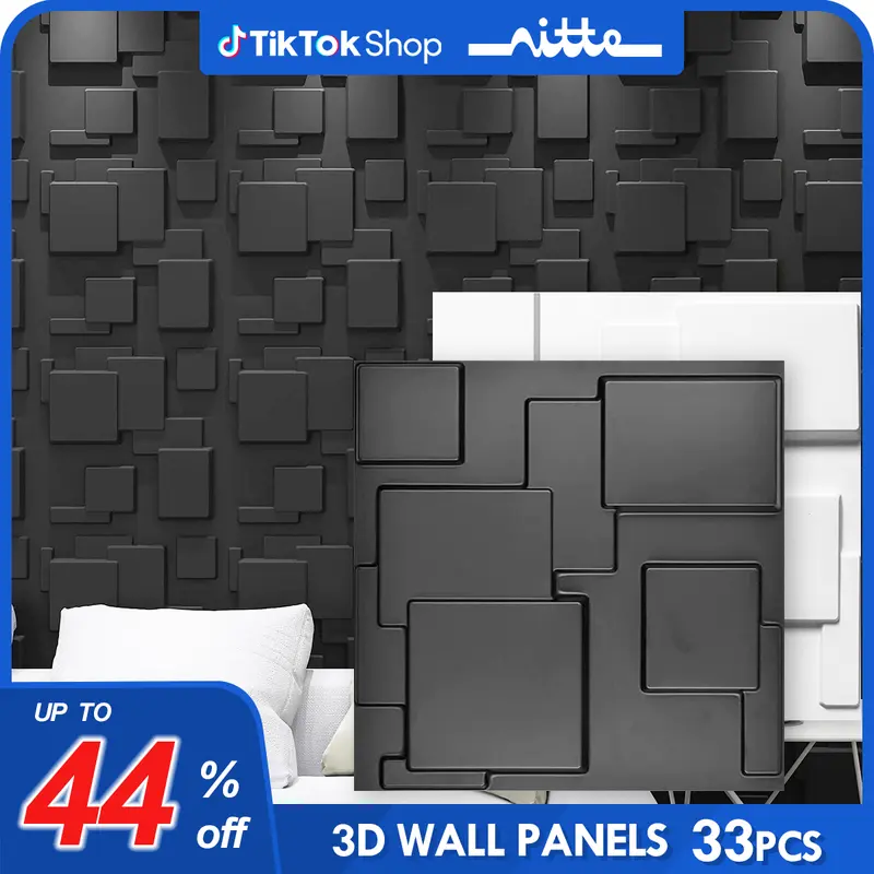 Nitte 33PCS PVC 3D Wall Panels, Geometric Block Design, 11.8"x11.8" (30x30cm), Black and White – Perfect for Modern Accent Walls in Living Rooms, Bedrooms, Offices, and More