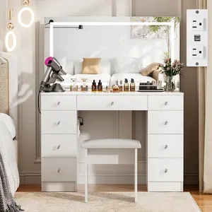 54'' Tall Makeup Vanity Desk with Lighted Mirror, 9 Drawers, Soft Cushioned Stool for Bedroom summervibes