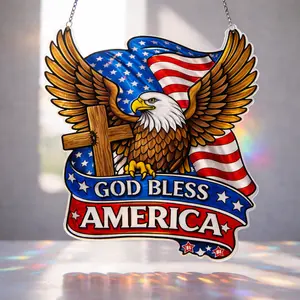 God Bless America Suncatcher Acrylic, 4th of July Home Decor Patriotic Bald Eagle Wall Art, Stained Glass Style Christian Cross, Gift for Veterans, Independence Day Decor