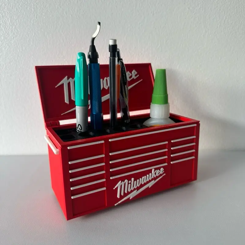 Toolbox-Style Pen & Tool Organizer – Desk And Workshop Storage For Pens, Screwdrivers, Bits, Small Tools – Industrial Gift For Milwaukee Fans, Mechanics & Woodworkers