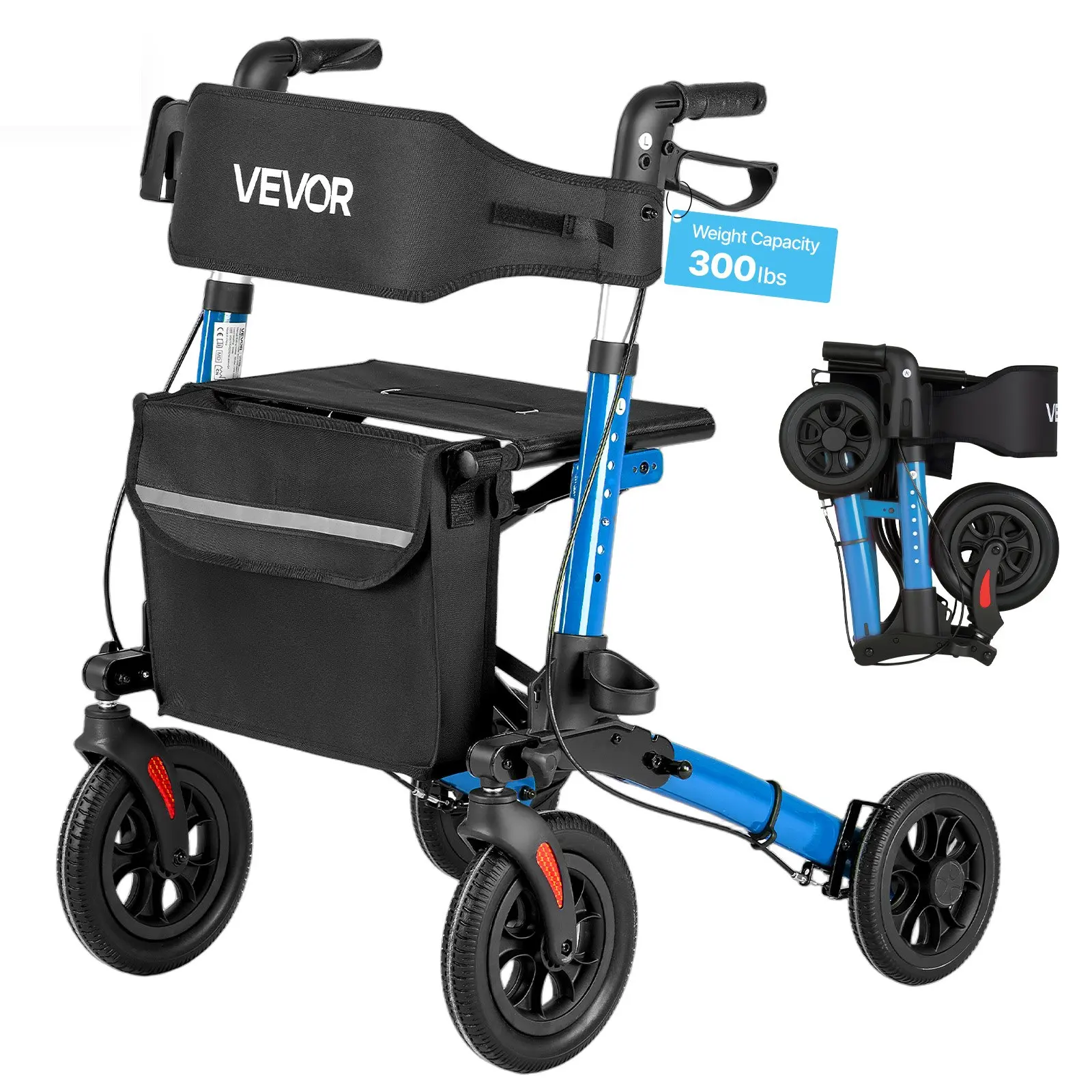VEVOR Rollator Walker with Seat for Seniors, Ultra Compact 3-Fold Rolling Walker, Lightweight Aluminum Mobility Walking Aid with PU Solid Wheels, Adjustable Handle, Cup & Cane Holder - Supports 300LB
