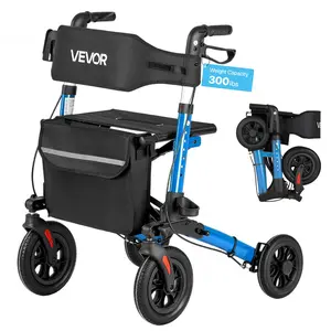 【Father's Day gift】VEVOR Rollator Walker with Seat for Seniors, Ultra Compact 3-Fold Rolling Walker, Lightweight Aluminum Mobility Walking Aid with PU Solid Wheels, Adjustable Handle, Cup & Cane Holder - Supports 300LB