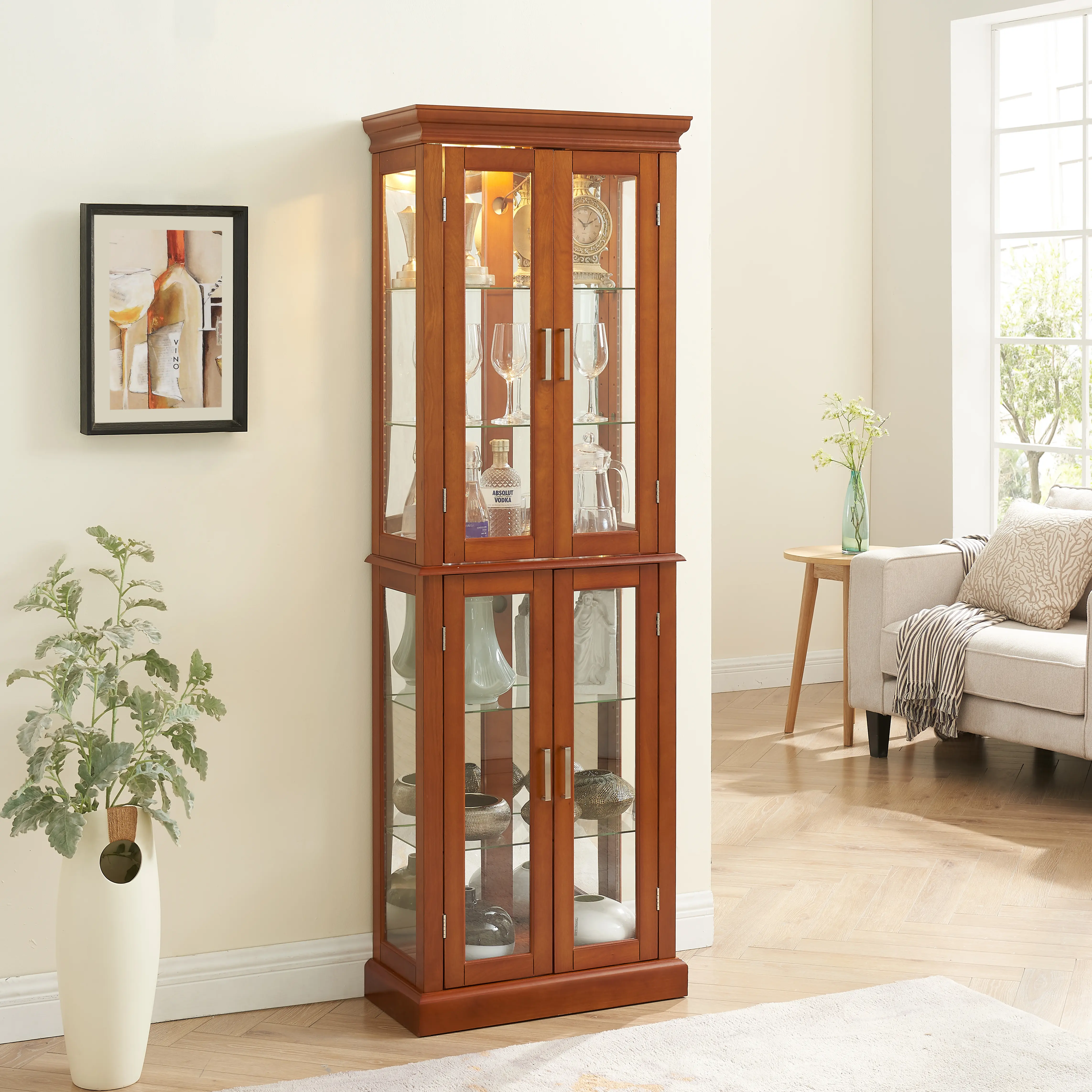 YYDS Mall Lighted Curio Cabinet - 6-Tier Walnut Dining Room Wall Mount Unit (23.75"w x 11.75"d x 70"h, 75.83 lbs) with Adjustable Shelves, Mirrored Back Panel, Tempered Glass Doors, Assembly Required (E26 Bulb Not Included), Mirror, Display Cabinet