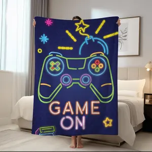 1pc neon illuminated game controller printed flannel blanket, comfortable, soft, warm nap blanket, suitable for sofas, beds, cars, rooms, offices, camping, multifunctional bed blanket, Cozy Throw Blanket