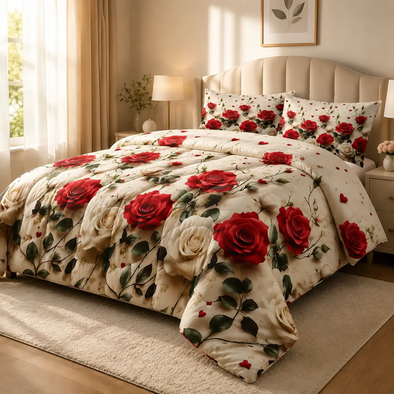 U-Shape Quilted Comforter Set - 1 Comforter + 2 Pillowcases, HD Printed Red White Rose Flower Quilt, 200GSM Fill Comfy Decorative Bedding Set with Soft Texture & Good Resilience, Comfy Bedding Set