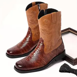 Men Croc Pattern Embossed Ankle Boots Side Zipper Shiny Mid Calf Boots PVC Upper Rubber Sole Party Banquet Dress Shoes