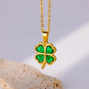 Green four luck  Leaf Clover Pendant Stainless Steel