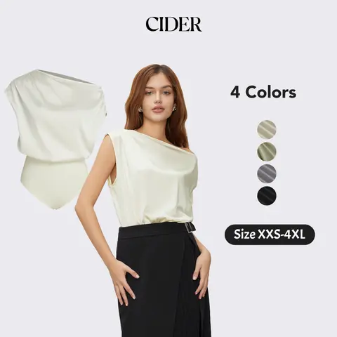 Cider Satin Asymmetrical Neck Solid Ruched Bodysuit