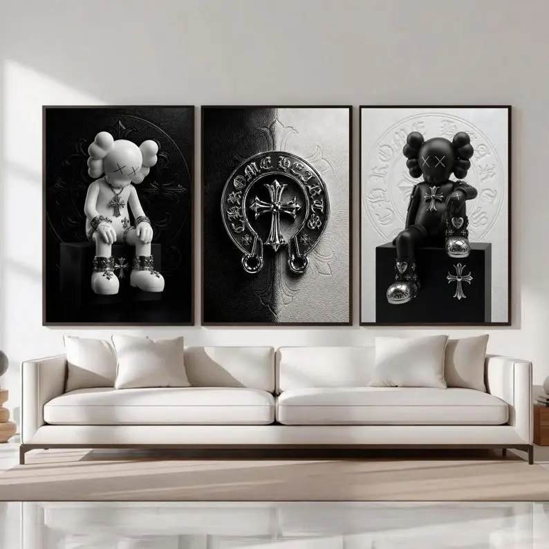 Chrome Hearts Kaws Poster Set of 3, Black White Hypebeast Decor Wall Art, Gothic Luxury Decor, Black White Chrome Hearts, Dark Fashion Decor Unframed
