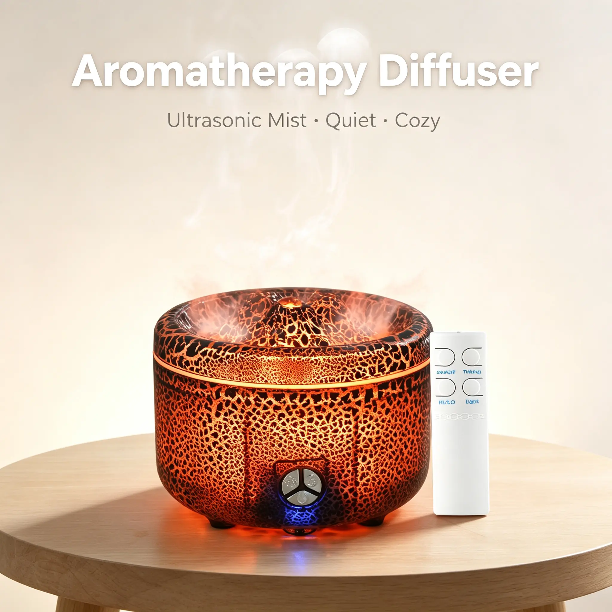 300ml Volcanic Bowl Ultrasonic Humidifier & Aroma Diffuser - Retro Look, Mist & Light Function, Cracked Flame Ambient Light, Wireless Remote, 2/8H Timer, Quiet Large Fogger, Essential Oil Compatible, Home & Office Gift