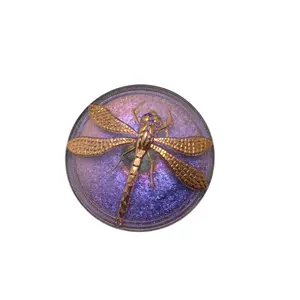 Czech Glass Dragonfly Button 40mm - Purple Iridescent with Gold Dragonfly Design