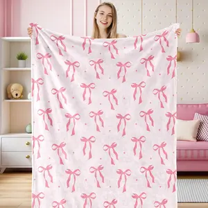 Pink Bow Fuzzy Blanket Cute Bowknot Throw Blanket Bowtie Cozy Flannel Blanket for Valentine's Day Home Bed Sofa Couch Chair