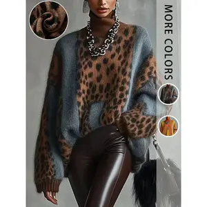 Vintage Leopard Colorblock High Neck Loose Casual Soft Long Sleeve Knit Sweater, Fall & Winter Fitted Pullover for Women, Knitted Clothes