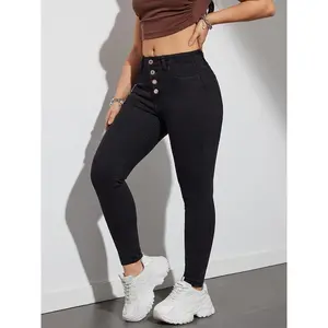 Stretch Jeans | Comfortable Stretch Women’s Skinny Fit Jeans | Single-breasted plain black denim, versatile casual pants for everyday wear