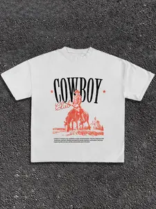 Men's Simple Style T-Shirt, Casual Short Sleeve Tee, Trendy Letter & Western Cowboy Graphic Print, Round Neck, Soft Fabric, Fitted Fashionable Fit, Menswear