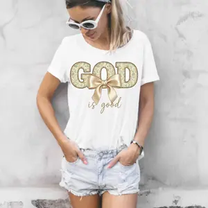 God Is Good Vibrant Image Tan Floral & Gold Bow Direct-To-Film Print, Ready-To-Press DTF Print for T-Shirts (DIY Printmaking Embossing Accessory)