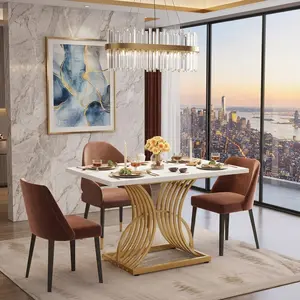Modern 47 Inch White Dining Table for 4 People, Kitchen Breakfast Dinette Table with Luxury Gold Metal Legs, Rectangular Home Furniture for Dining Room Apartment Restaurant Decor