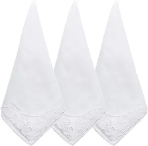 Handkerchiefs 3 PCS Women White Soft Cotton Ladies Hankies Elegant Embroidery Lace Pure Color Square Hankies