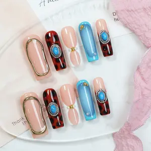 【Elegant Gold Frame Turquoise】Boho Tortoise Shell & Turquoise Gem Press - On Nails | Retro Chic