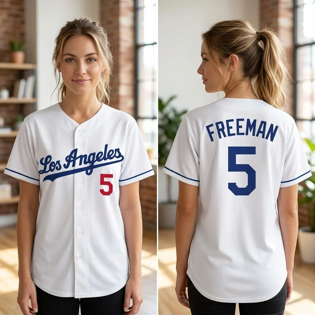 Freeman Los Angeles Baseball Jersey, Classic White with Blue Script #5, Great Gift for Him or Her