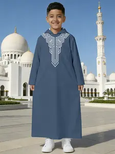 punch monkey Boys' Traditional Ethnic Islamic Hooded Thobe, Blue with Geometric Silver Embroidery Middle Eastern Style Kids' Wear