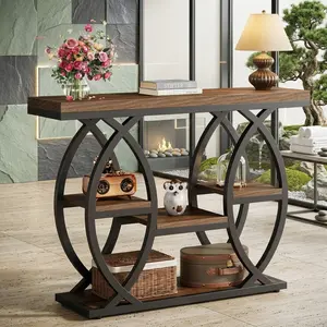 39.4 Inch Rustic Brown 4-Tier Industrial Console Table, Thickened Board Metal Frame Narrow Accent Table with Adjustable Foot Pads Anti-Tip Design, Multipurpose Storage Sofa Entryway Table for Living Room Hallway Foyer Home Decor