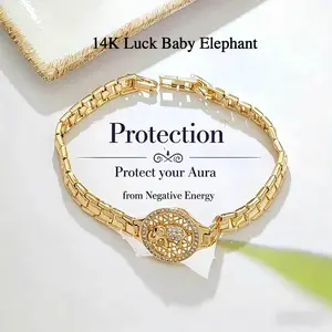 18K Shiny Cubic Zirconia Elephant Charm Bracelet for Women, Two-Tone Gold Silver Sparkling Lucky Elephant Watch-Style Bangle, Dainty Adjustable Glittering Link Chain Bracelet for Daily Wear & Gifts