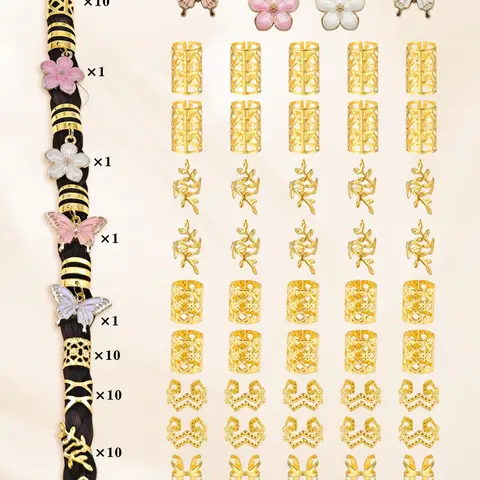 54pcs Hair Rings Set with Butterflies & Camellia Butterfly Design, Elegant Bohemian Style Boho Aesthetic Geometric Patterns Hair Cuffs for Women's Braids & Dreadlocks, Stylish Accessory Collection Hair Accessories All Seasons