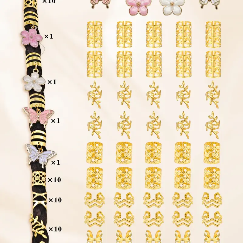 54pcs Hair Rings Set with Butterflies & Camellia Butterfly Design, Elegant Bohemian Style Boho Aesthetic Geometric Patterns Hair Cuffs for Women's Braids & Dreadlocks, Stylish Accessory Collection Hair Accessories All Seasons