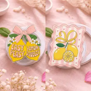 "Lemon Fresh" Aesthetic Phone Grip Clear Acrylic Griptok Set - Cute "Easy Peasy" Yellow Lemon Cell Phone Stand Holder, Kawaii Cottagecore Kindle Ereader Ring Accessory, Unique Gift for Her