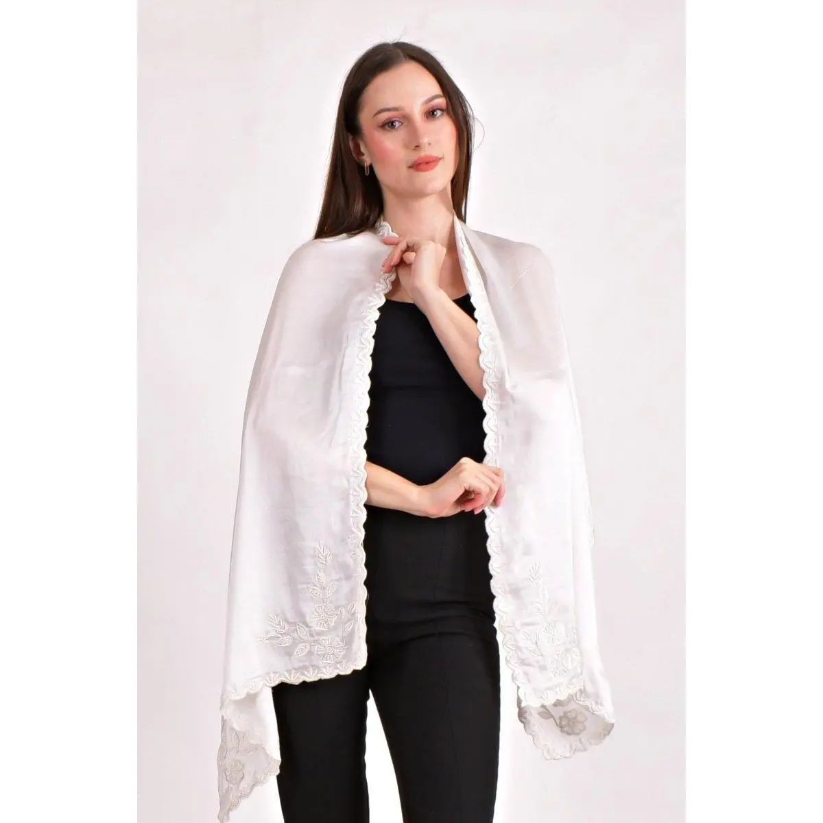 White Hand Embroidered Silk Scarf with Resham, Pearl & Cutwork Border