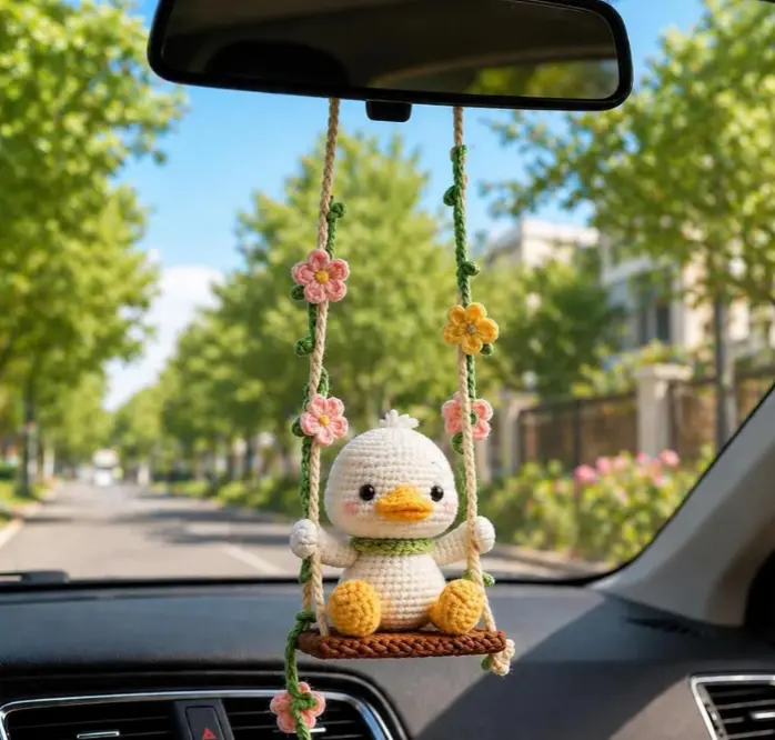 Crochet Swinging Duck Car Hanging Ornament, Cute Flower Swing Duck Rearview Mirror Charm, Handmade Car Interior Decor Gift for Women