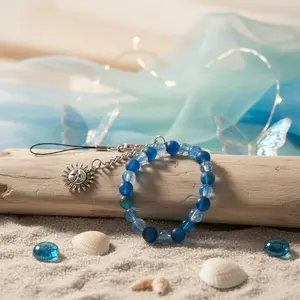Sun Charm and Blue Glass Beaded Phone Charm Portable Beaded Wristlet Chain for Outings Car Keychain and Bag Accessory