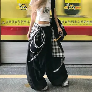 Y2K Black Cargo Sweatpants – Plaid Patchwork Baggy Joggers, Harajuku Wide-Leg Streetwear Women’s Bottoms, Wide-Leg Trousers, Basic Casual Minimalist