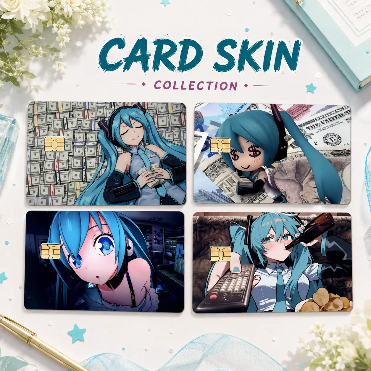 Hatsune Miku Card Skin Collection, Cute Vocaloid Anime Credit Debit Card Sticker, Money Meme Vinyl Card Cover