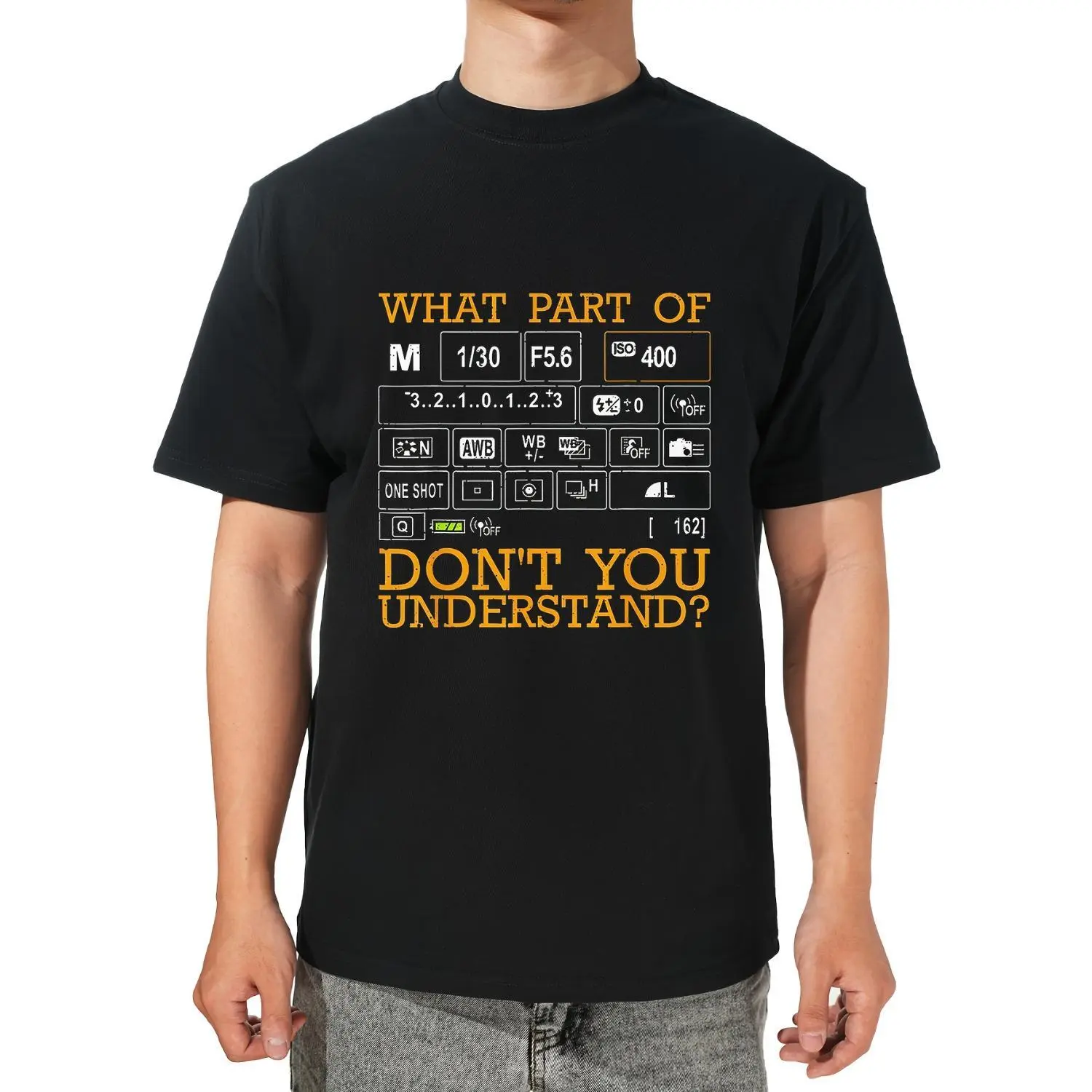 Casual Plus Size Cotton TShirt Featuring Photography Camera Settings Graphic Design Ideal for Photographers