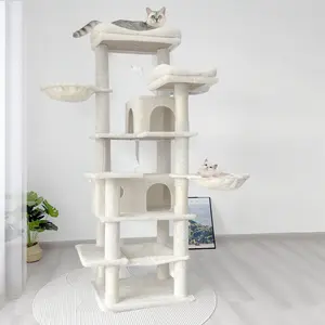 68-Inch Multi-Level Gray Plush Cover Cat Tree Tower, Large Indoor Condo with Sisal Climb Scratch Posts, Perches, Hammocks, Machine Washable Cat Activity Center