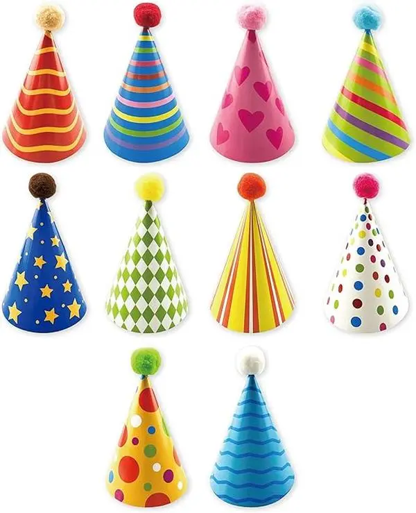 10-Pack Thick Smooth Colorful Cone-Shape Stripe Polka Dot Kraft Paper Party Hats with Pom-Poms, Elastic Band, Adhesive Tape - Kids' Festive Party Accessories for Birthday, Baby Shower Decorations