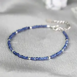 Sapphire Blue Crystal 2mm Small Beads Adjustable Women Bracelet, Minimalist Dainty Bracelet for Stacking, Birthday Anniversary Christmas gift