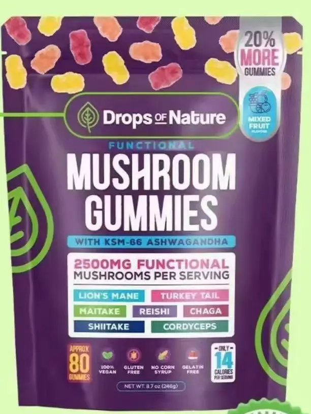 Drops Of Nature Mushroom Complex Gummies with KSM-66 Ashwagandha, Lion's Mane, Reishi, Cordyceps, Chaga, Maitake, Shiitake, Turkey Tail, Mixed Fruit Flavor, 80-Count Natural Dietary Supplement
